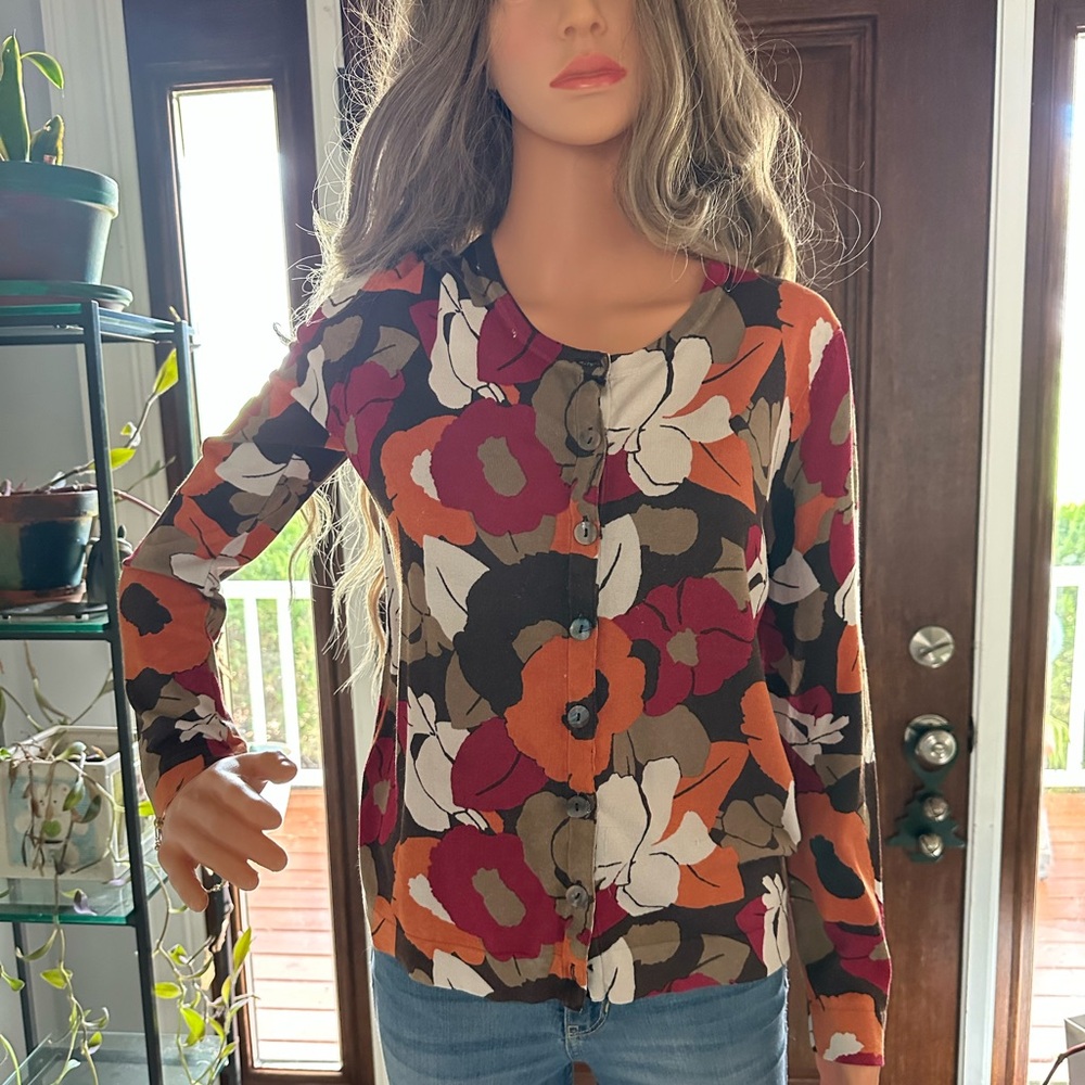 Chico's Bold Floral Women's Blouse - Red, Orange, Brown